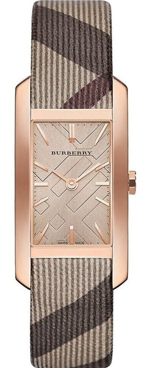 Burberry The Pioneer Rose Gold Dial Haymarket Brown Leather Strap Watch for Women - BU9408 Authentic Buy Shop Now