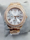Guess Bedazzle Diamonds Silver Dial Rose Gold Steel Strap Watch For Women - W1097L3 Authentic Buy Shop Now