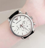 Emporio Armani Classic Quartz Chronograph White Dial Black Leather Strap Watch For Men - AR1807 Authentic Buy Shop Now