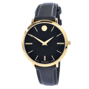 Movado Ultra Slim Black Dial Black Leather Strap Watch For Women - 0607091 Authentic Buy Shop Now