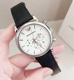 Emporio Armani Classic Quartz Chronograph White Dial Black Leather Strap Watch For Men - AR1807 Authentic Buy Shop Now