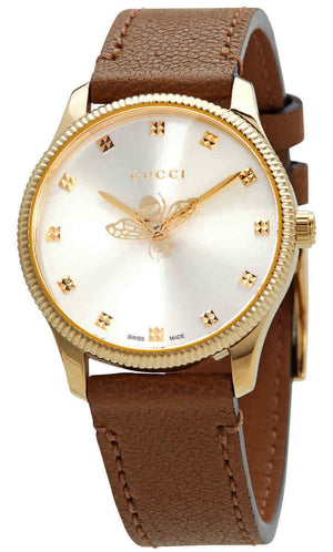 Gucci G Timeless Quartz Silver Dial Brown Leather Strap Watch For Women - YA1265022 Authentic Buy Shop Now