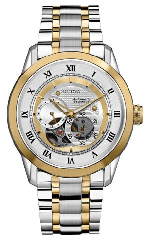 Bulova BVA Skeleton Silver Dial Two Tone Steel Strap Watch for Men - 98A123 Authentic Buy Shop Now