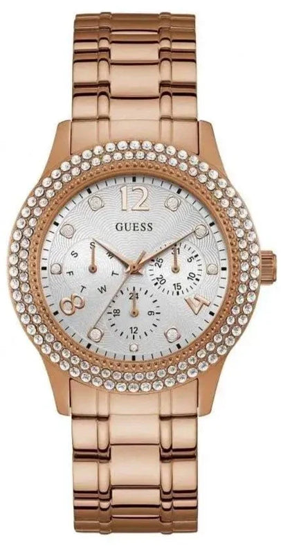 Guess Bedazzle Diamonds Silver Dial Rose Gold Steel Strap Watch For Women - W1097L3 Authentic Buy Shop Now