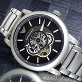 Emporio Armani Meccanico Automatic Skeleton Black Dial Silver Steel Strap Watch For Men - AR60021 Authentic Buy Shop Now