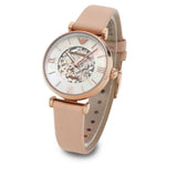 Emporio Armani Meccanico Silver Skeleton Dial Beige Leather Strap Watch For Women - AR60001 Authentic Buy Shop Now