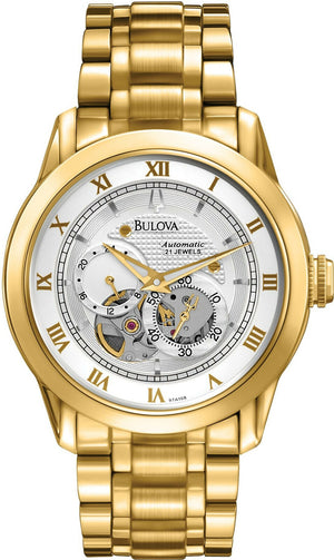 Bulova BVA Skeleton Silver Dial Gold Steel Strap Watch for Men - 97A108 Authentic Buy Shop Now