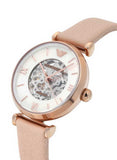 Emporio Armani Meccanico Silver Skeleton Dial Beige Leather Strap Watch For Women - AR60001 Authentic Buy Shop Now