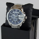Diesel Mega Chief Chronograph Blue Dial Silver Steel Strap Watch For Men - DZ4417 Authentic Buy Shop Now
