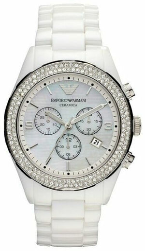 Emporio Armani Ceramica Chronograph White Dial White Ceramic Strap Watch For Women - AR1456 Authentic Buy Shop Now