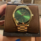 Michael Kors Slim Runway Green Dial Gold Steel Strap Watch for Women - MK3435 Authentic Buy Shop Now