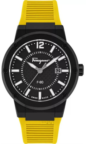 Salvatore Ferragamo F-80 Classic Black Dial Yellow Rubber Strap Watch for Men - SFHY01522 Authentic Buy Shop Now