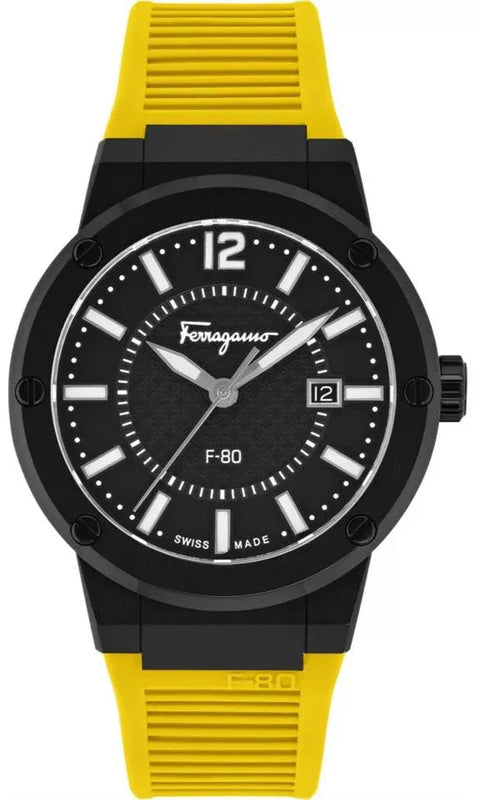 Salvatore Ferragamo F-80 Classic Black Dial Yellow Rubber Strap Watch for Men - SFHY01522 Authentic Buy Shop Now