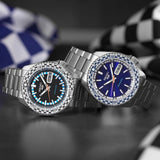 Seiko 5 Sports Petrol Blue Checker Flag Special Edition Blue Dial Silver Steel Strap Watch For Men - SRPK65K1 Authentic Buy Shop Now