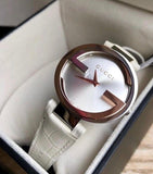 Gucci Interlocking 18K Gold Silver Dial White Leather Strap Watch For Women - YA133303 Authentic Buy Shop Now