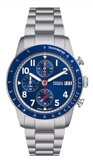 Fossil Sport Tourer Chronograph Blue Dial Silver Steel Strap Watch for Men - FS6047 Authentic Buy Shop Now