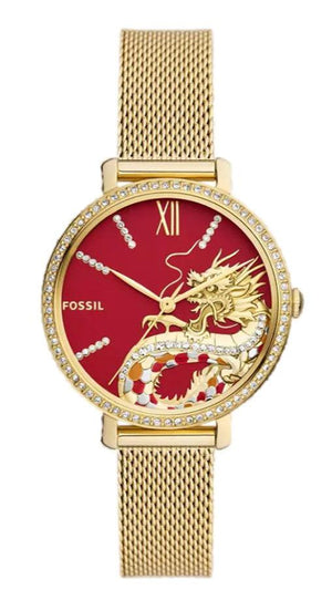 Fossil Jacqueline Dragonsteel Limited Edition Red Dial Gold Mesh Strap Watch for Women - ES5316 Authentic Buy Shop Now