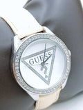 Guess Mini Triangle Quartz Diamonds Silver Dial White Leather Strap Watch For Women - W65006L1 Authentic Buy Shop Now