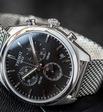 Tissot PR 100 Chronograph Black Dial Silver Mesh Bracelet Watch For Men - T101.417.11.051.01 Authentic Buy Shop Now