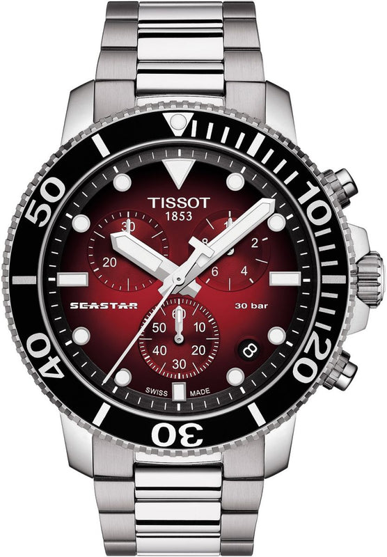 Tissot Seastar 1000 Chronograph Red Dial Silver Steel Strap Watch For Men - T120.417.11.421.00 Authentic Buy Shop Now