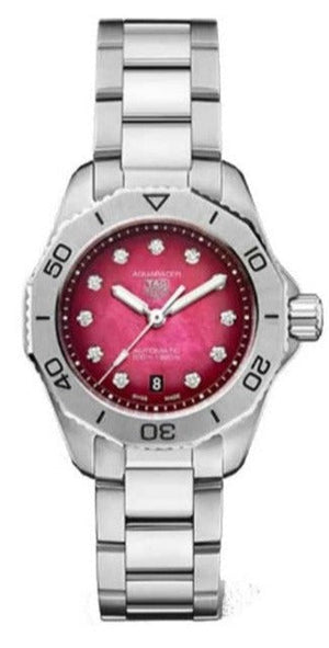 Tag Heuer Aquaracer Professional 200 Automatic Diamond Ruby Red Dial Silver Steel Strap Watch for Women - WBP2414.BA0622 Authentic Buy Shop Now