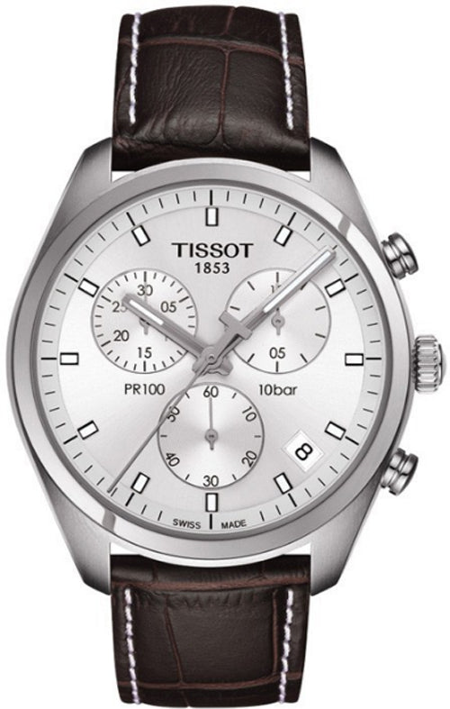 Tissot PR 100 Chronograph Silver Dial Brown Leather Strap Watch for Men - T101.417.16.031.00 Authentic Buy Shop Now
