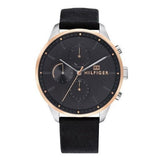 Tommy Hilfiger Chase Chronograph Quartz Grey Dial Black Leather Strap Watch For Men - 1791488 Authentic Buy Shop Now