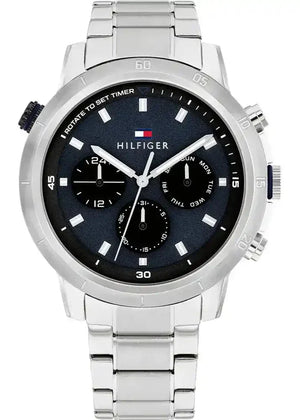 Tommy Hilfiger Troy Chronograph Blue Dial Silver Steel Strap Watch For Men - 1792104 Authentic Buy Shop Now