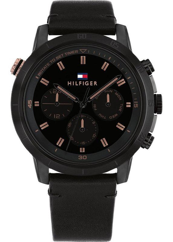 Tommy Hilfiger Troy Chronograph Black Dial Black Leather Strap Watch For Men - 1792110 Authentic Buy Shop Now