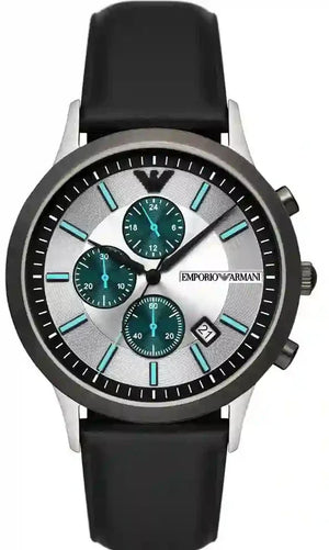 Emporio Armani Renato Chronograph Silver Dial Black Leather Strap Watch for Men - AR11473 Authentic Buy Shop Now