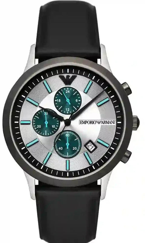 Emporio Armani Renato Chronograph Silver Dial Black Leather Strap Watch for Men - AR11473 Authentic Buy Shop Now