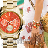 Michael Kors Runway Chronograph Orange Dial Gold Steep Strap Watch For Women - MK6162 Authentic Buy Shop Now