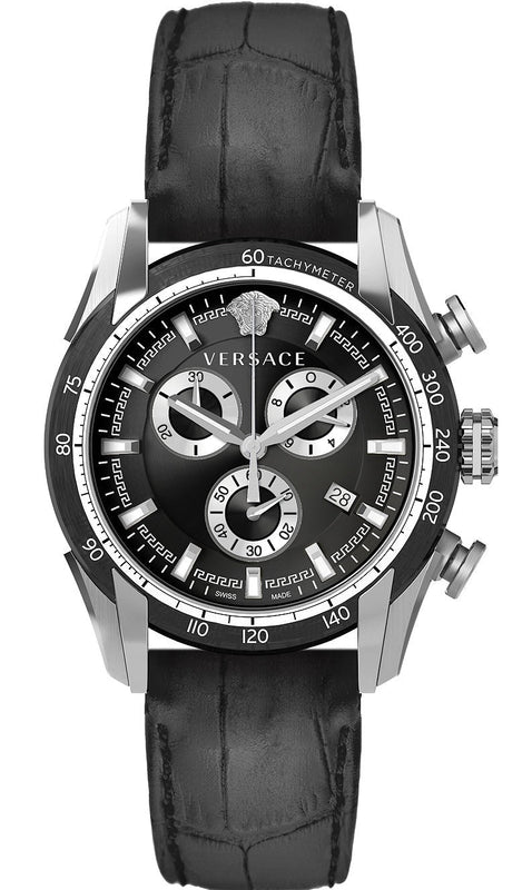 Versace V Ray Chronograph Quartz Black Dial Black Leather Strap Watch For Men - VE2I00121 Authentic Buy Shop Now