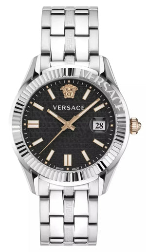 Versace Greca Time Quartz Black Dial Silver Steel Strap Watch For Men - VE3K00322 Authentic Buy Shop Now