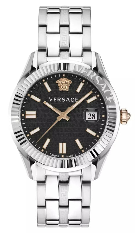Versace Greca Time Quartz Black Dial Silver Steel Strap Watch For Men - VE3K00322 Authentic Buy Shop Now