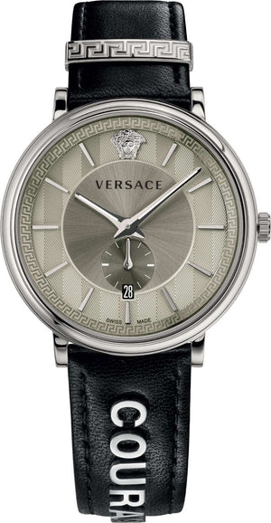 Versace V-Circle Black Manifesto Courage Quartz Silver Dial Black Leather Strap Watch for Men - VBQ080017 Authentic Buy Shop Now