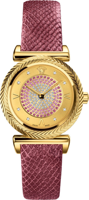 Versace V-Motif Vintage Logo Diamonds Gold Dial Pink Leather Strap Watch for Women - VERE01118 Authentic Buy Shop Now