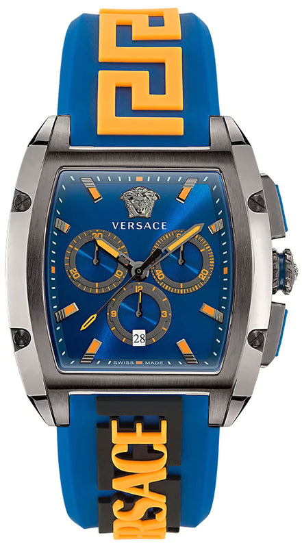 Versace Iconic Dominus Chronograph Blue Dial Blue Rubber Strap Watch For Men - VE6H00323 Authentic Buy Shop Now