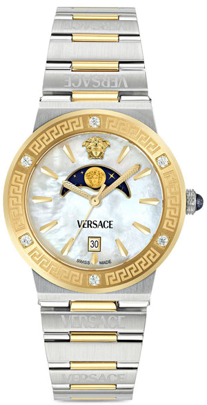 Versace Greca Logo Moonphase Mother of Pearl Dial Two Tone Steel Strap Watch for Women - VE7G00524 Authentic Buy Shop Now