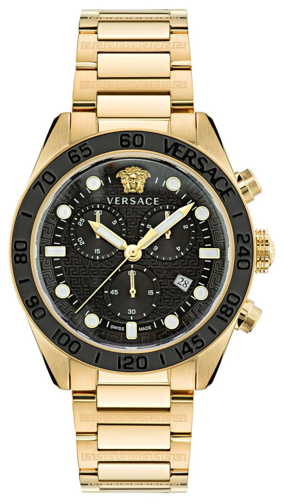 Versace Greca Dome Chronograph Black Dial Gold Steel Strap Watch for Men - VE6K00523 Authentic Buy Shop Now