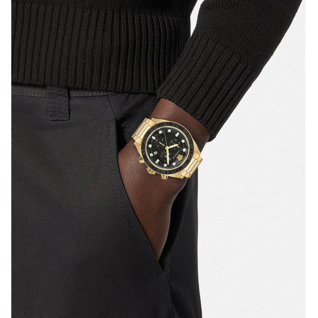 Versace Greca Dome Chronograph Black Dial Gold Steel Strap Watch for Men - VE6K00523 Authentic Buy Shop Now