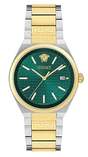 Versace V-Auria Quartz Green Dial Two Tone Steel Strap Watch for Men - VE0F00425 Authentic Buy Shop Now