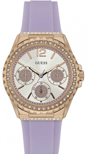 Guess Starlight Diamonds White Dial Purple Rubber Strap Watch for Women - W0846L6 Authentic Buy Shop Now