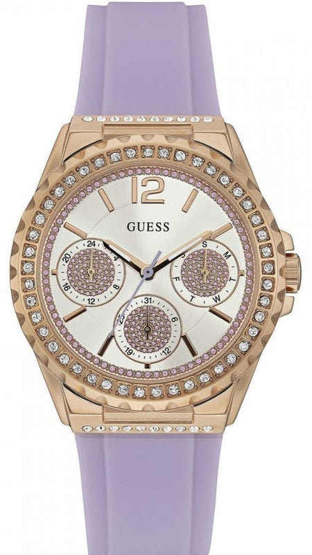 Guess Starlight Diamonds White Dial Purple Rubber Strap Watch for Women - W0846L6 Authentic Buy Shop Now