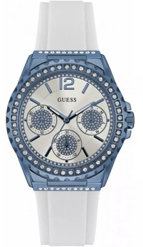 Guess Starlight Diamonds Silver Dial White Rubber Strap Watch for Women - W0846L7 Authentic Buy Shop Now