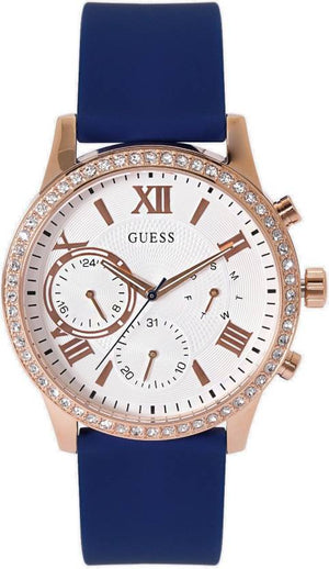 Guess Solar White Rose Gold Dial Blue Rubber Strap Watch For Women - W1135L3 Authentic Buy Shop Now
