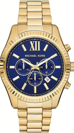 Michael Kors Lexington Chronograph Blue Dial Gold Steel Strap Watch for Men - MK9153 Authentic Buy Shop Now