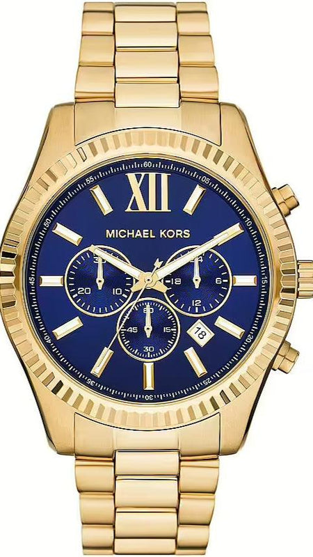 Michael Kors Lexington Chronograph Blue Dial Gold Steel Strap Watch for Men - MK9153 Authentic Buy Shop Now