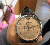 Emporio Armani Classic Chronograph Cream Dial Brown Leather Strap Watch For Men - AR1878 Authentic Buy Shop Now
