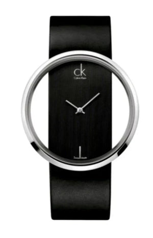 Calvin Klein Glam Transparent Dial Black Leather Strap Watch for Women - K9423107 Authentic Buy Shop Now